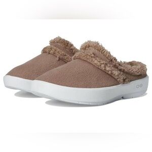 OOFOS Brown and White Mules